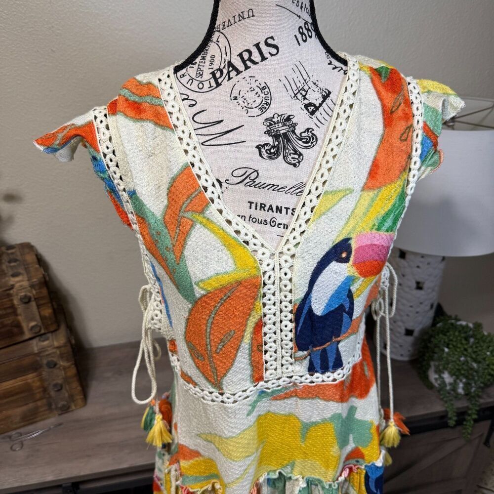 Z&L EUROPE Tassel Tie Lace Trim Tiered  Mini Dress  Toucan Print  Sz S Tropical - Picture 2 of 11